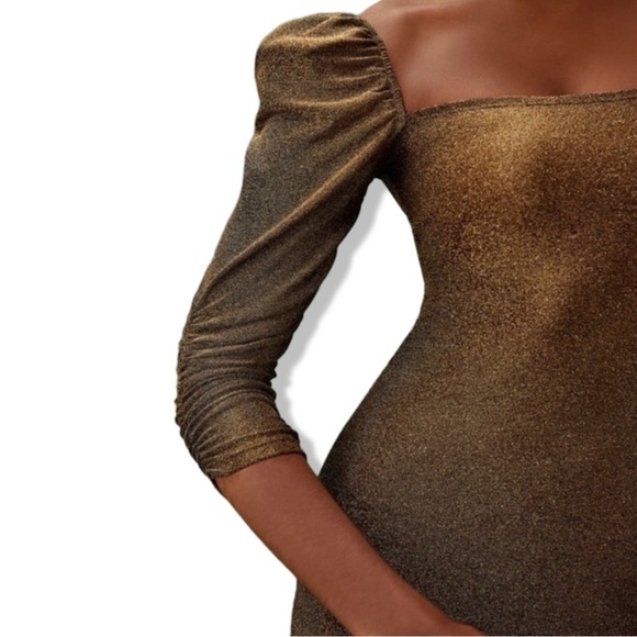 Reformation Rahm Ruched Puff Sleeve Midi Dress in Bronze Sparkle | Size XS - Picture 14 of 16